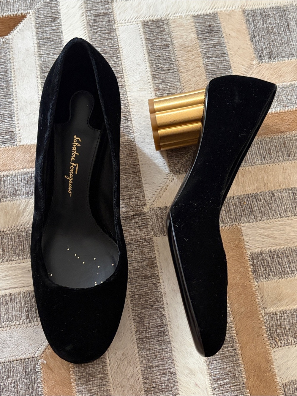 Black Velvet Ferragamo Pumps with Gold Sculpted Heel - Women's Shoes